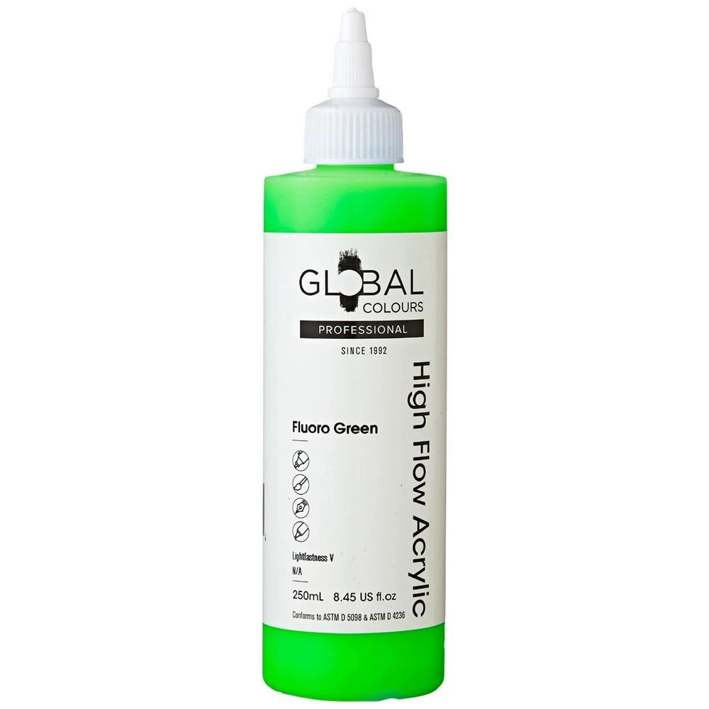 1 Global Colours High Flow Acrylic Paint 250mL Fluoro Green, 1 of 2