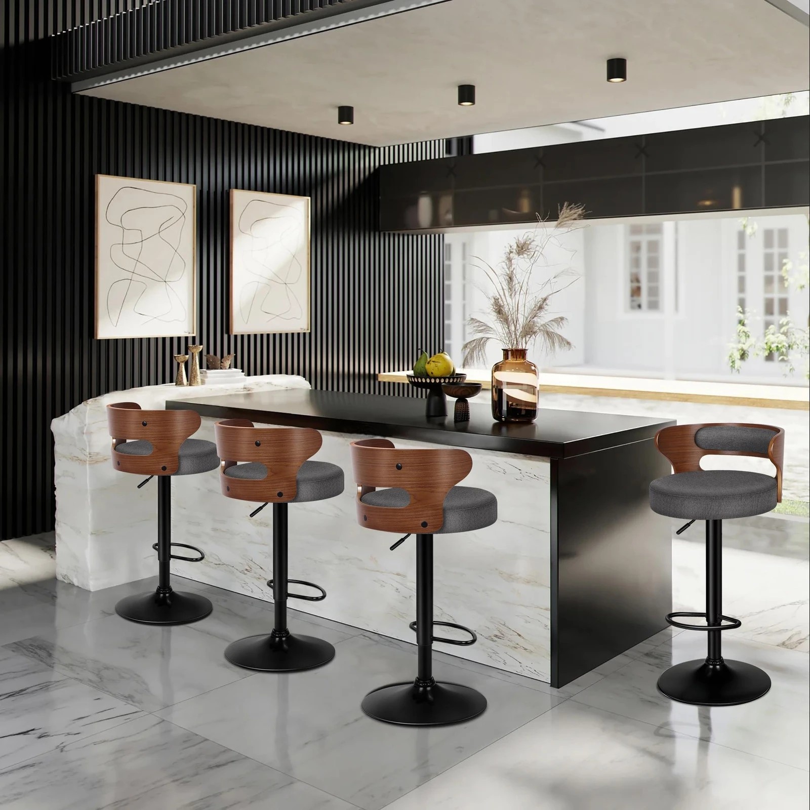 2 Alfordson 4x Bar Stool Kitchen Swivel Chair Wooden Linen Fabric Ramiro - Grey, 2 of 10