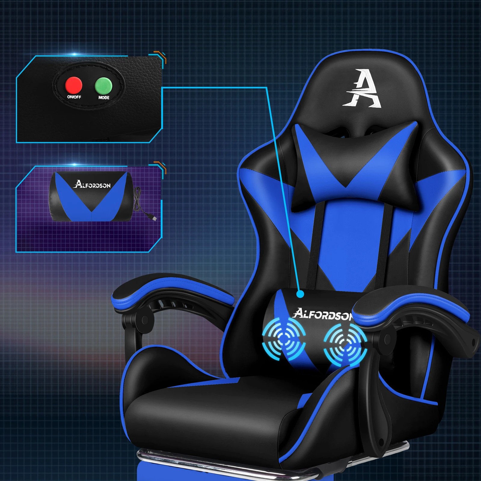 3 Alfordson Gaming Office Chair Massage Computer Footrest Leather - Blue, 3 of 10