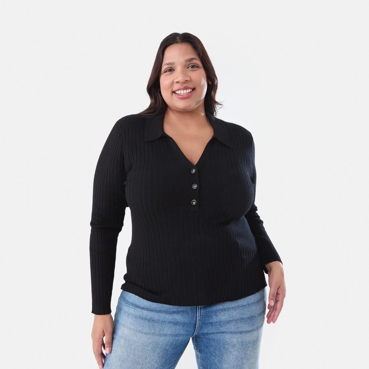 1 Curve Long Sleeve Knit Polo Top Black, 1 of 5
