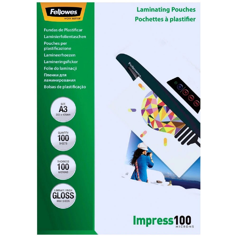 1 Fellowes A3 100 Micron Laminating Pouch Gloss 100 Pack, 1 of 4