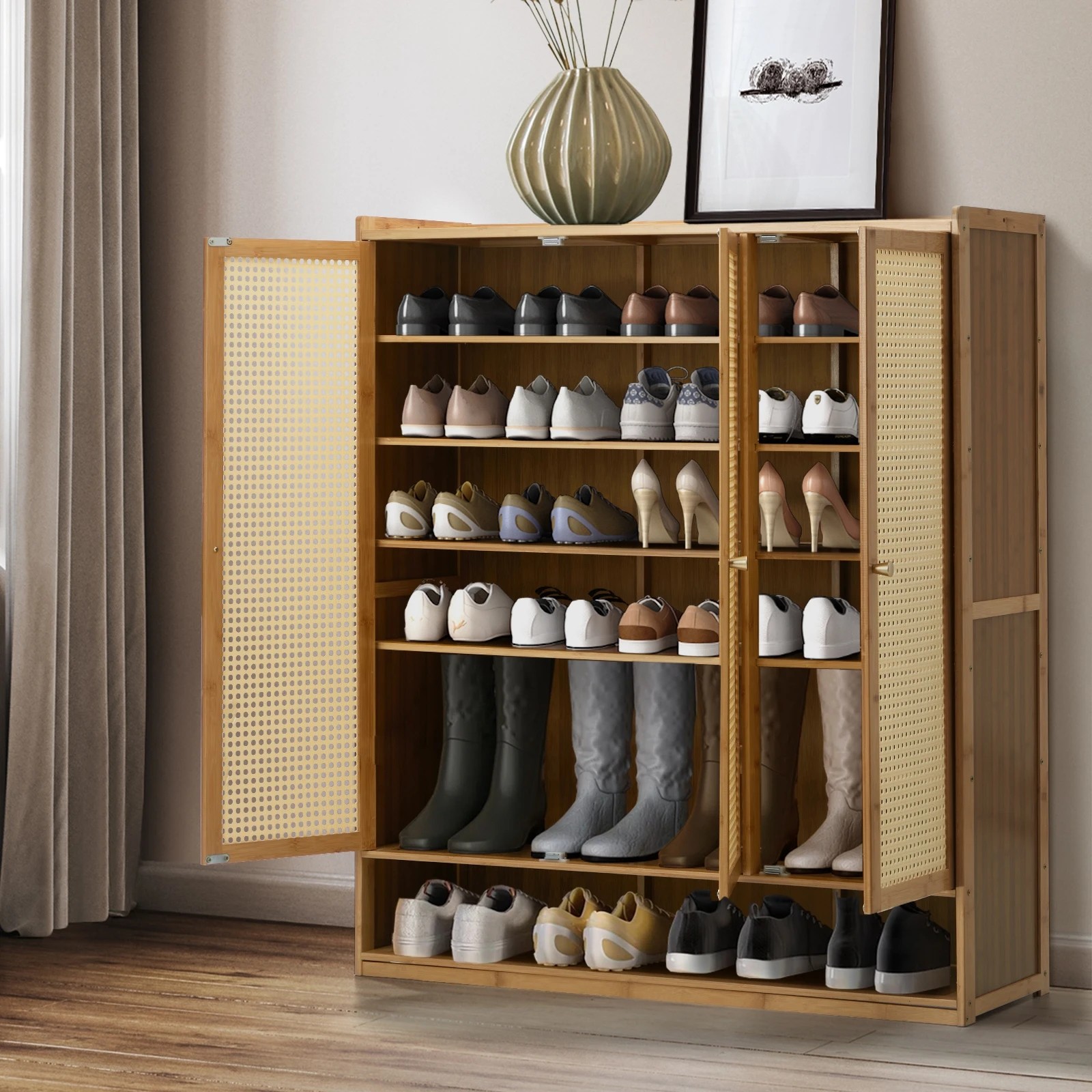 3 Oikiture Shoe Storage Cabinet Shoes Rack Organiser 7 Tier Shelf Rattan
 - Natural, 3 of 8