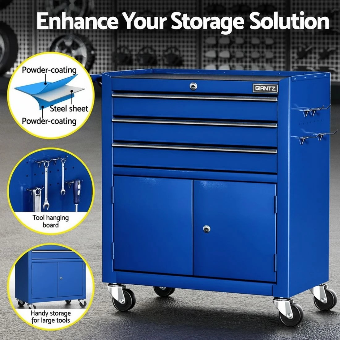 2 Giantz 3 Drawer Tool Box Cabinet Chest Toolbox Garage Storage Organiser - Blue, 2 of 4