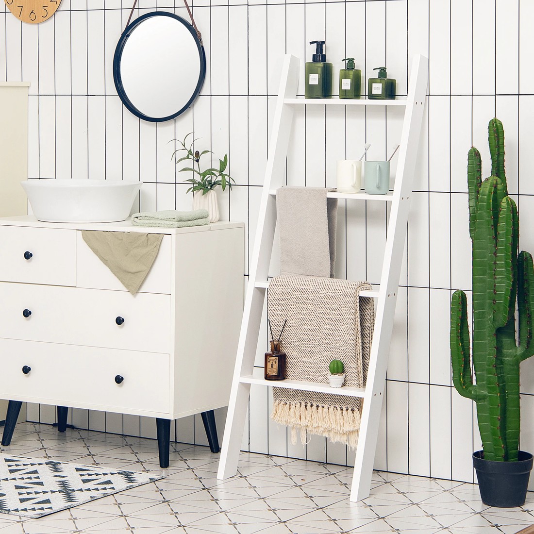 2 Costway 4-Tier Wall Leaning Blanket Ladder Wood Blankets Holder Rack, 2 of 10