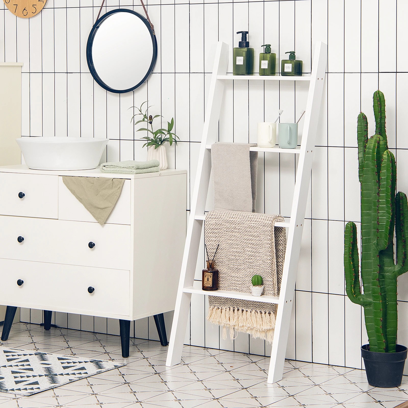 2 Costway 4-Tier Wall Leaning Blanket Ladder Wood Blankets Holder Rack, 2 of 9