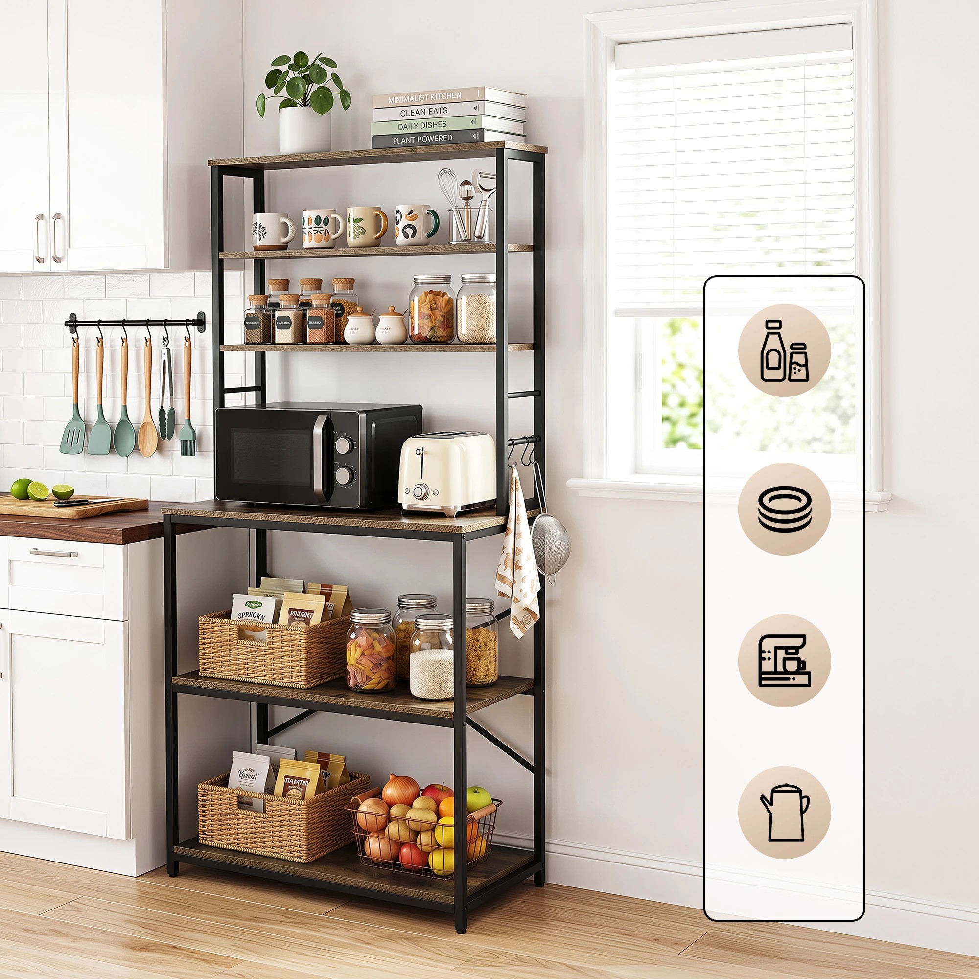4 Artiss 6-Tier Kitchen Rack with 6 Hooks Microwave Metal Storage Shelf 80cm x 167cm - Brown, 4 of 9