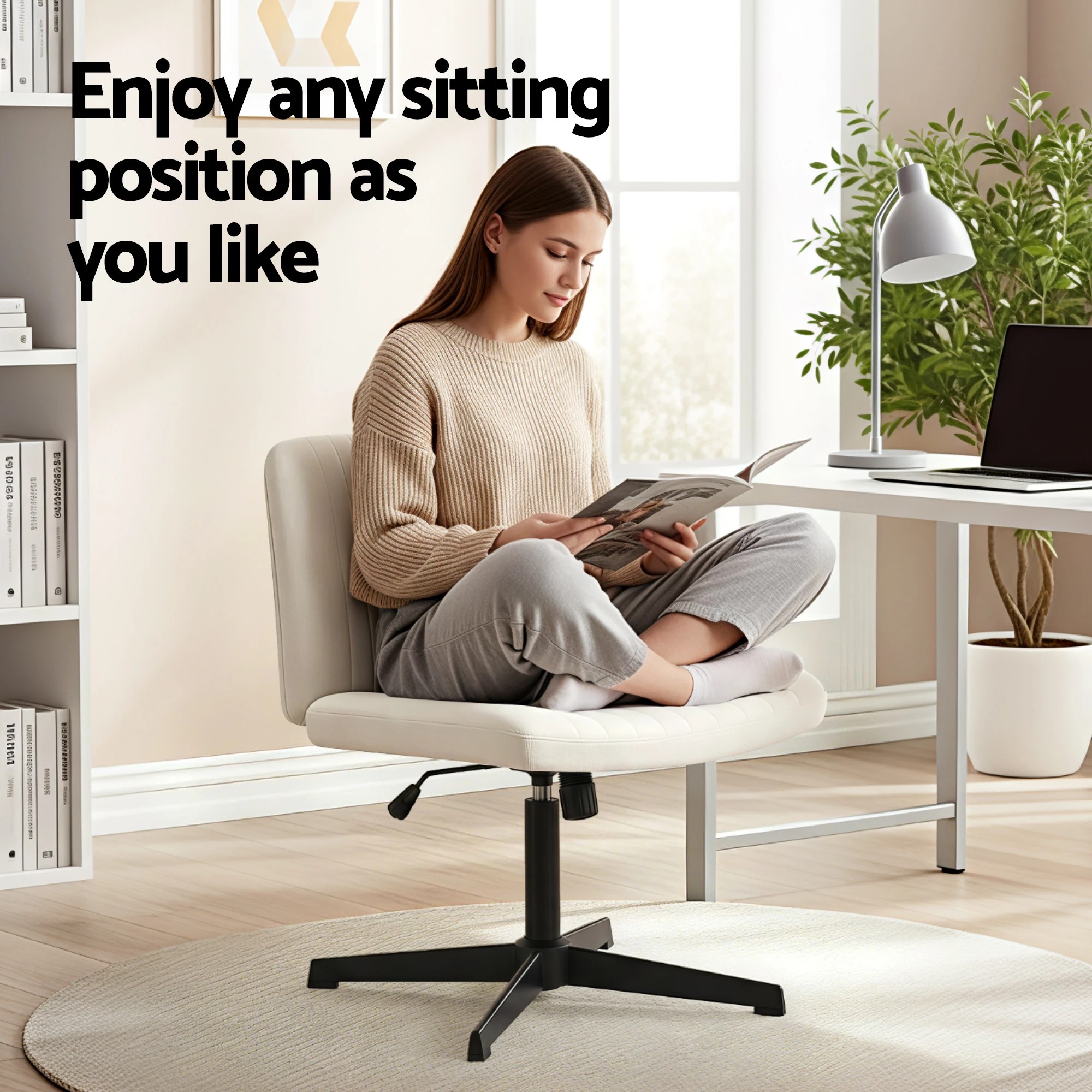 3 Artiss Criss Cross Chair No Wheels Fabric Wide Cross Legged Office Desk Vanity - Beige, 3 of 7