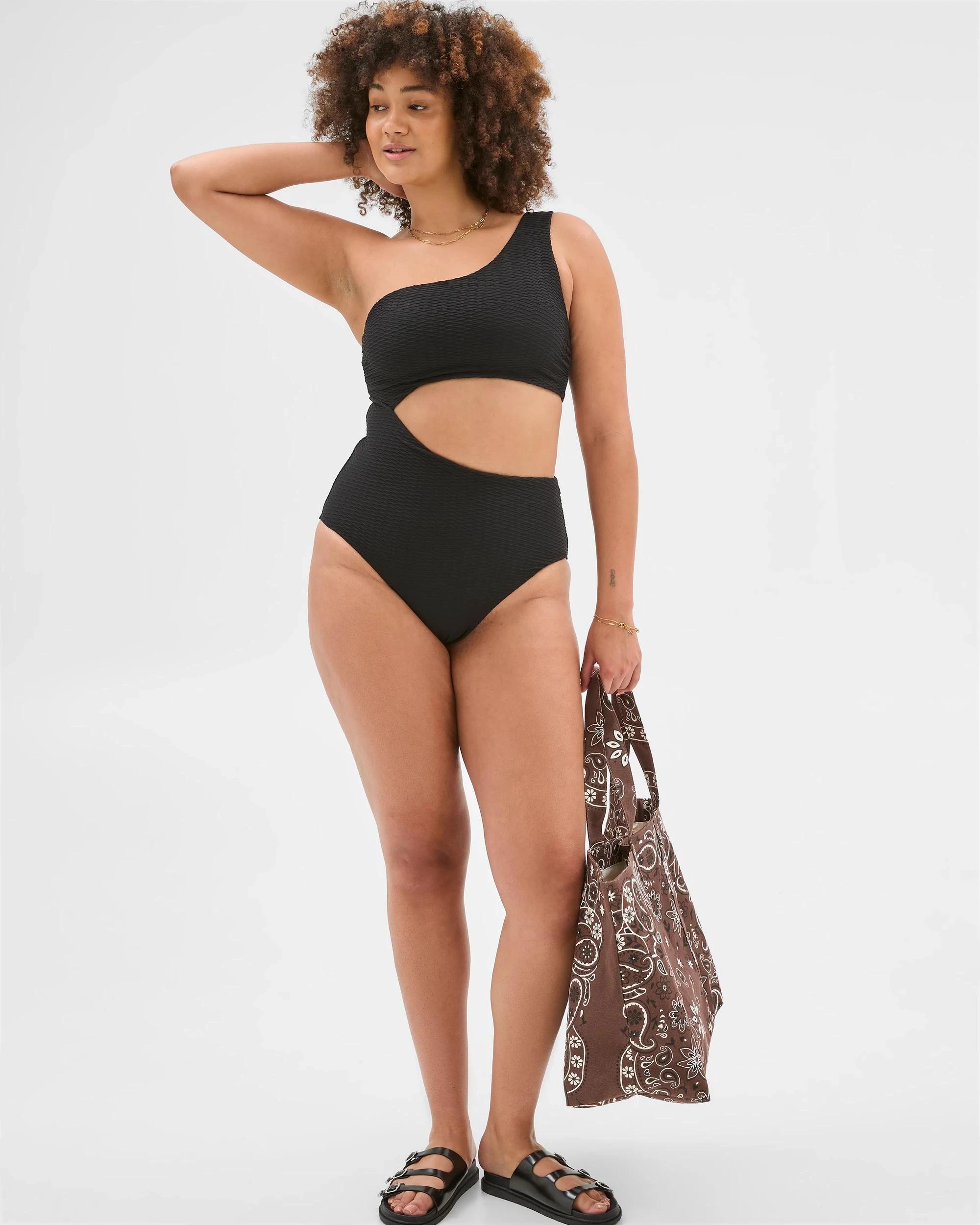 1 Target Textured One Shoulder One Piece Swimsuit BLACK, 1 of 6