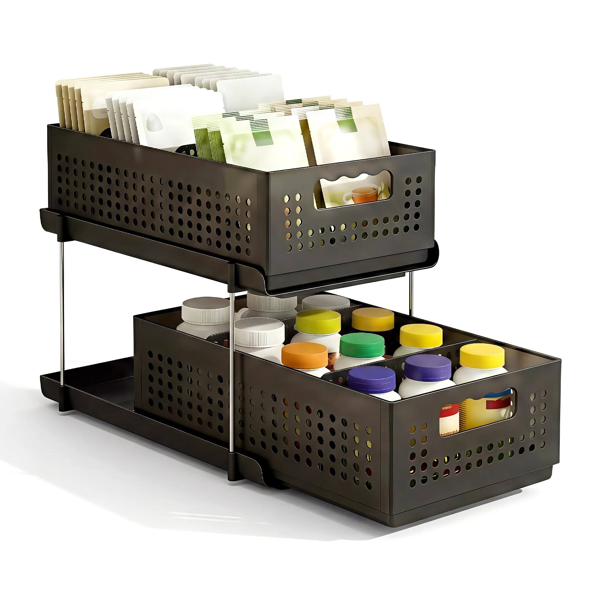 1 Artiss Under Sink Organizer 2 Tier Pull Out Drawer with Removable Baskets & Divider - Black, 1 of 3