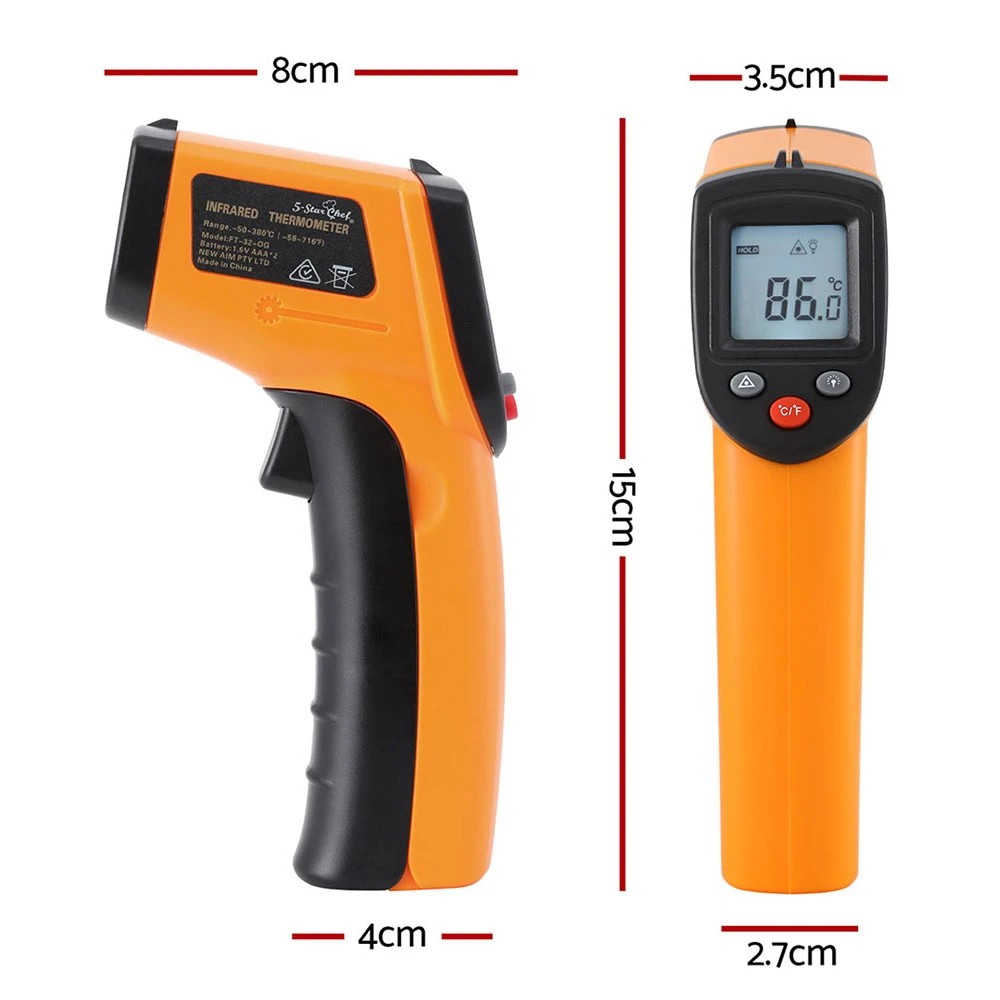2 5-star Chef Laser Infrared Thermometer Food Digital Temperature Gun Smoker Pizza BBQ - Orange, 2 of 5