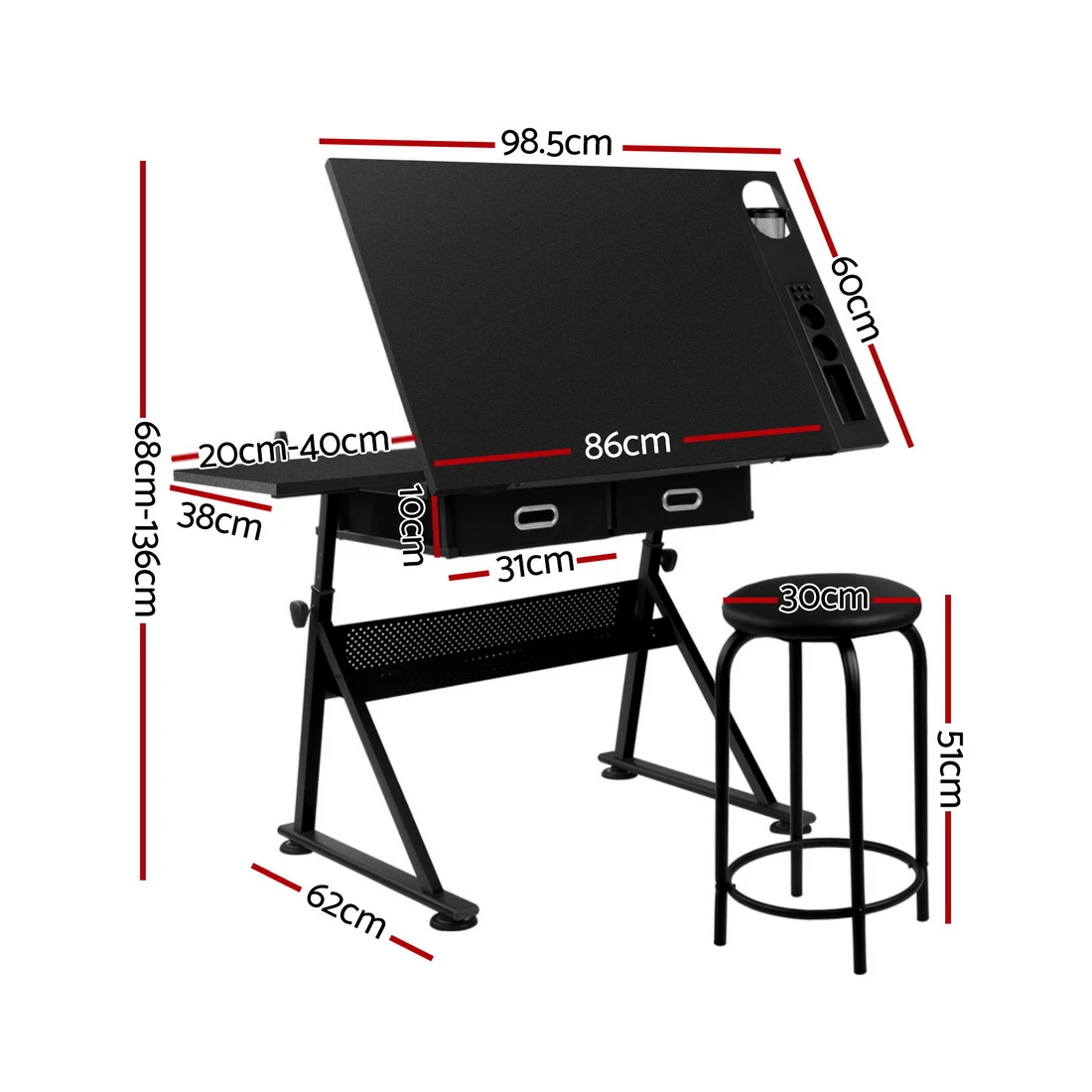 2 Artiss Drawing Desk Stool Set Drafting Table Adjustable Angle Tilt Drawers - Black, 2 of 6