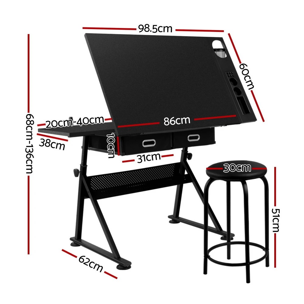 2 Artiss Drawing Desk Stool Set Drafting Table Adjustable Angle Tilt Drawers - Black, 2 of 5