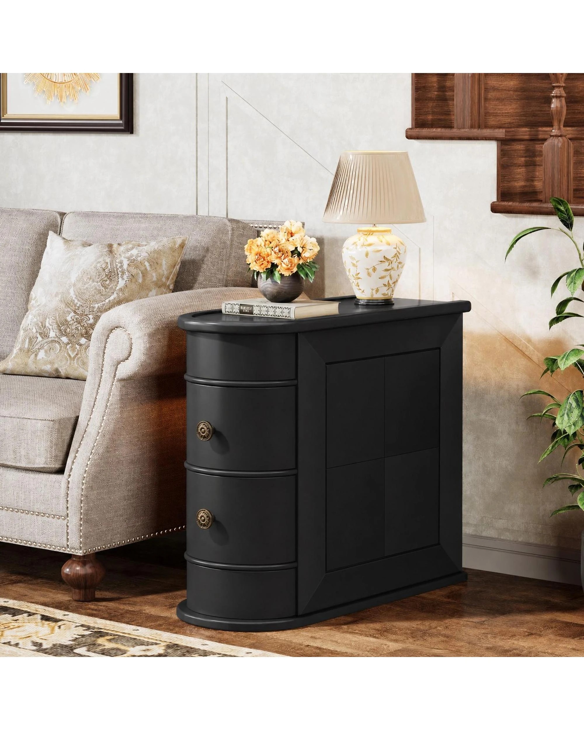 2 OAKORY 60cm End Table with 2 Drawers, Fully Assembled Narrow Side Table Black - Black, 2 of 6