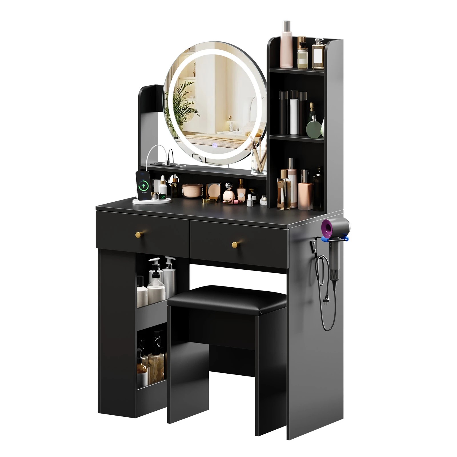1 Advwin Dressing Table Set with LED Lighted Round Mirror - Black, 1 of 9