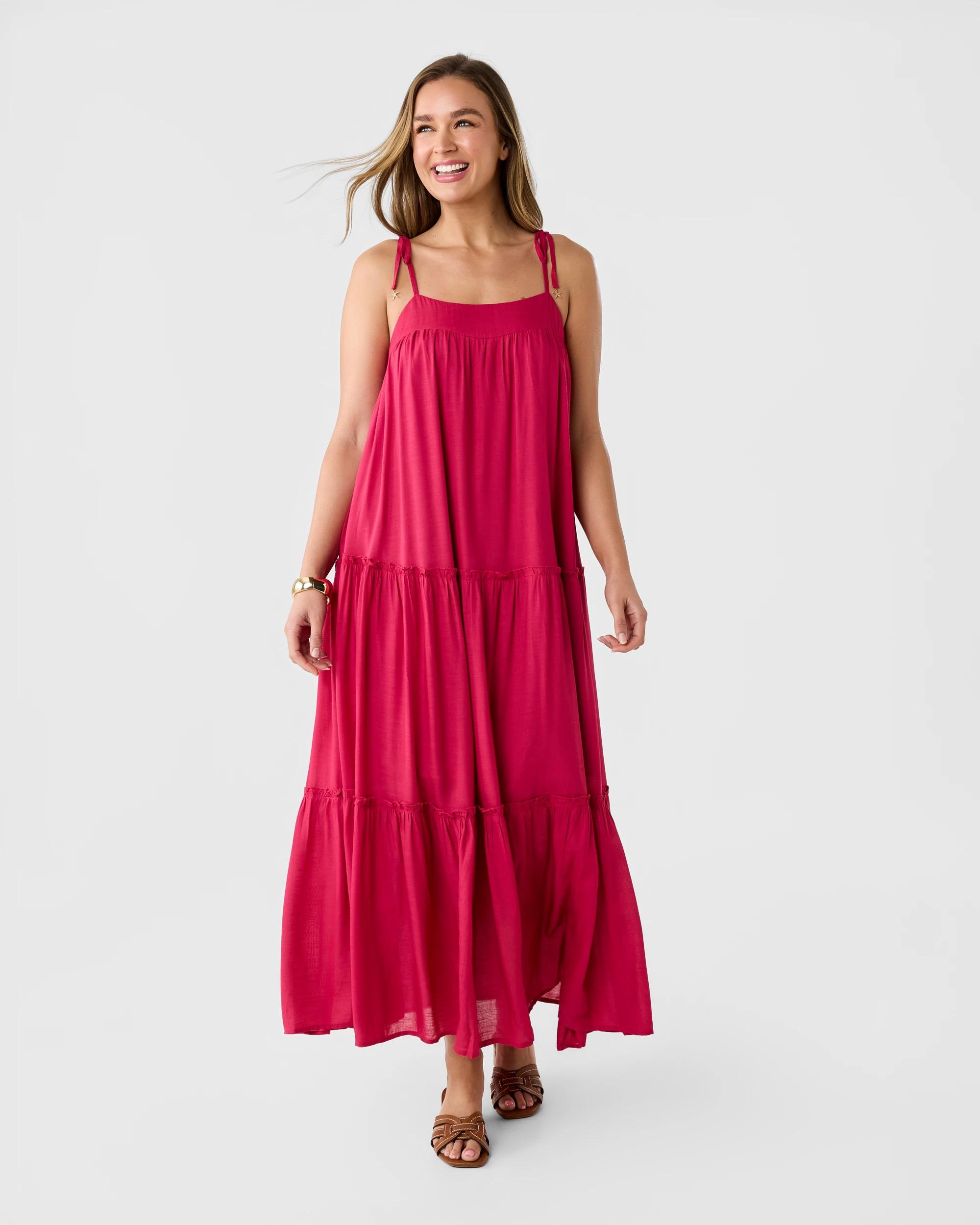1 Sleeveless Trapeze Tier Maxi Dress Dark Pink, 1 of 6