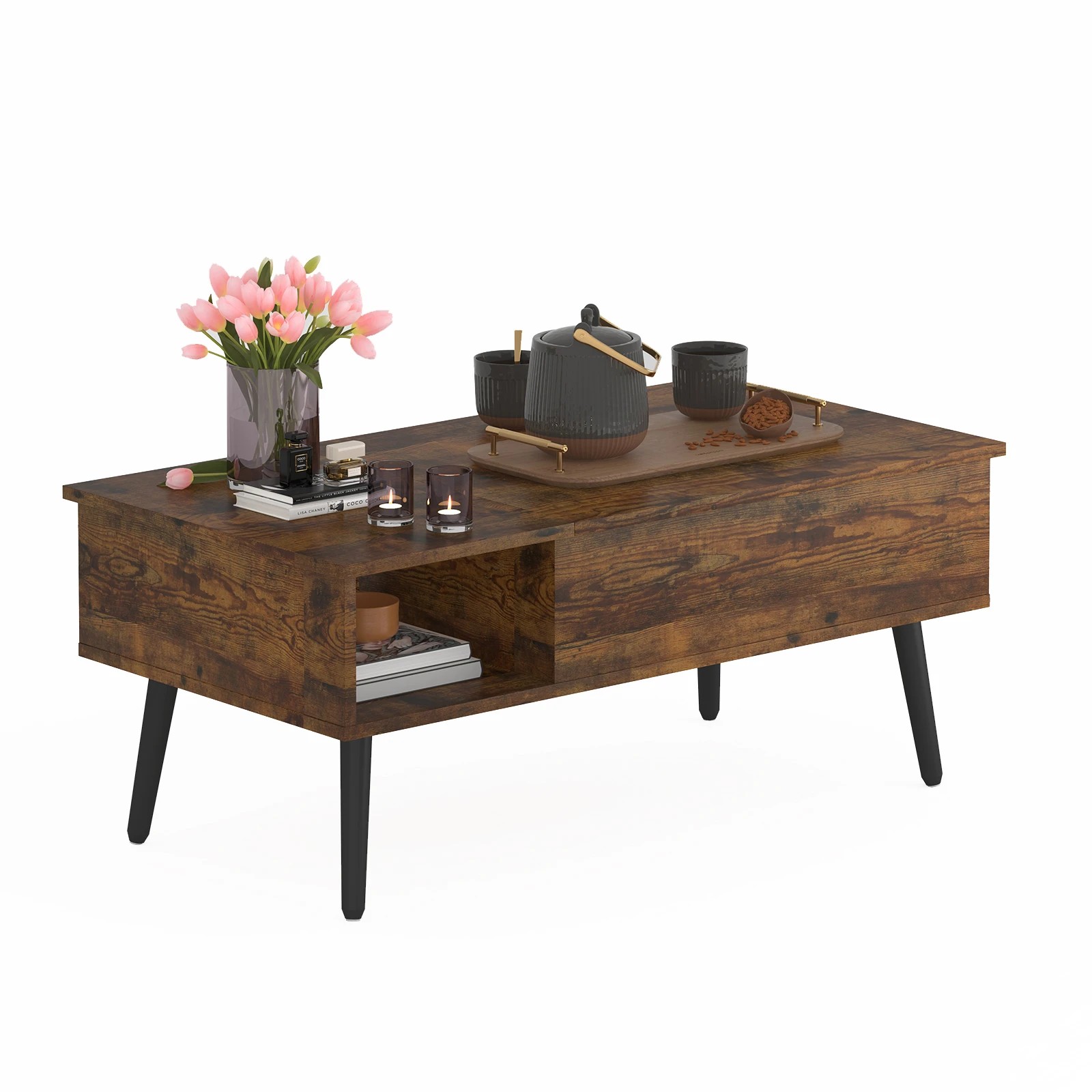 5 Advwin Lift Up Top Coffee Table Side Table w/ Hidden Storage & Shelf Walnut, 5 of 8