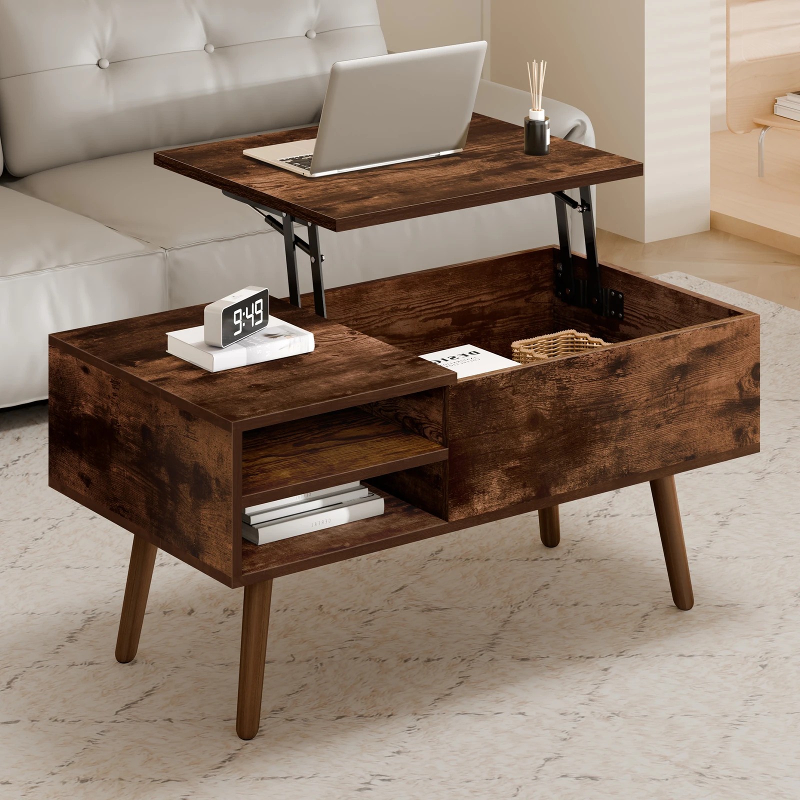10 Alfordson Coffee Table 2-in-1 Lift Up Hidden Storage Dark Oak, 10 of 10