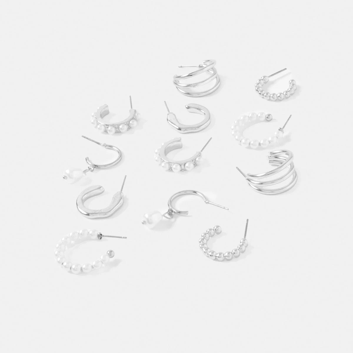 3 6 Pack Mini Faux Pearl Hoop Earrings - Silver Tone, 3 of 5