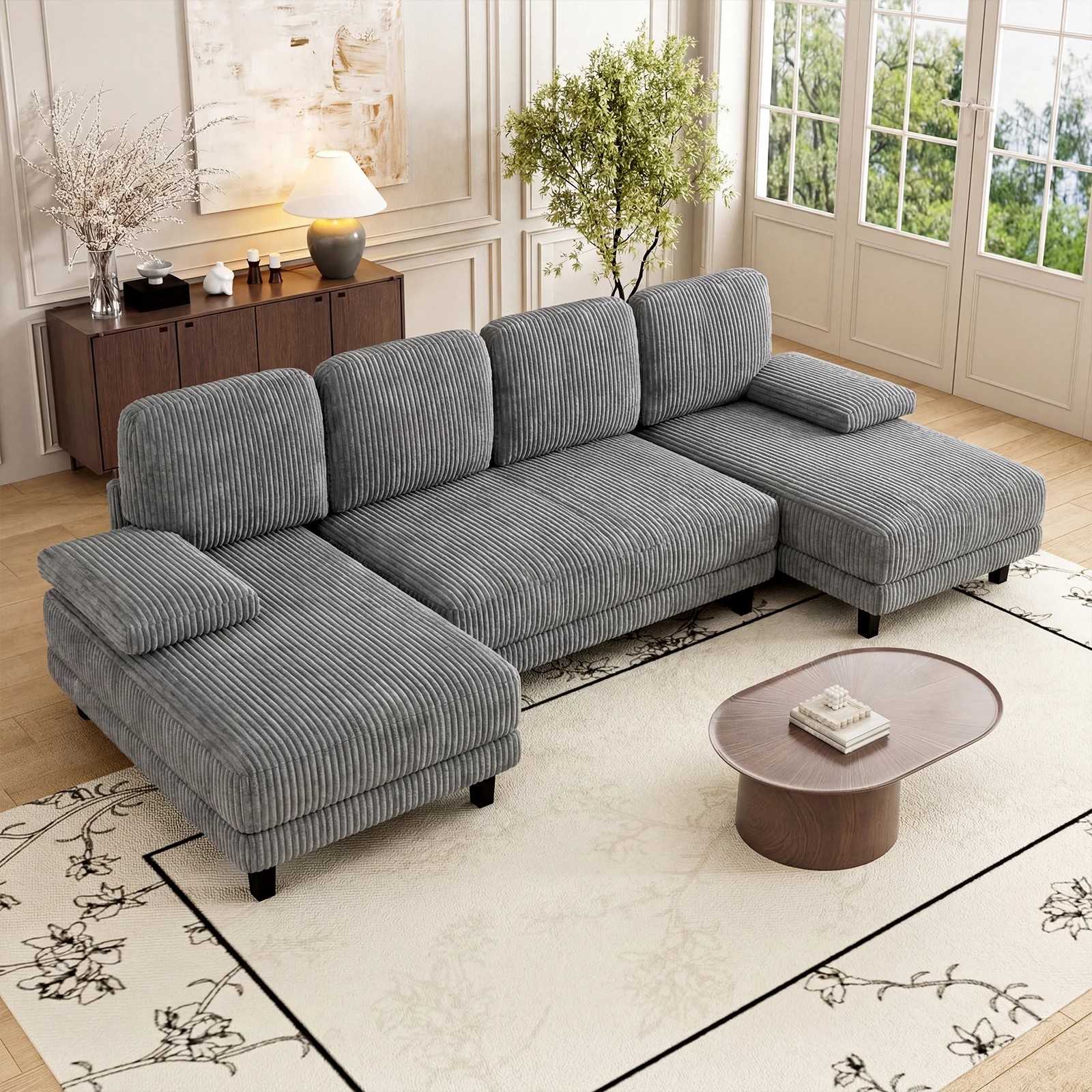 2 Advwin Sectiona Sofa 4-Seater Corduroy Fabric U Shape Couch 280cm - Grey, 2 of 9