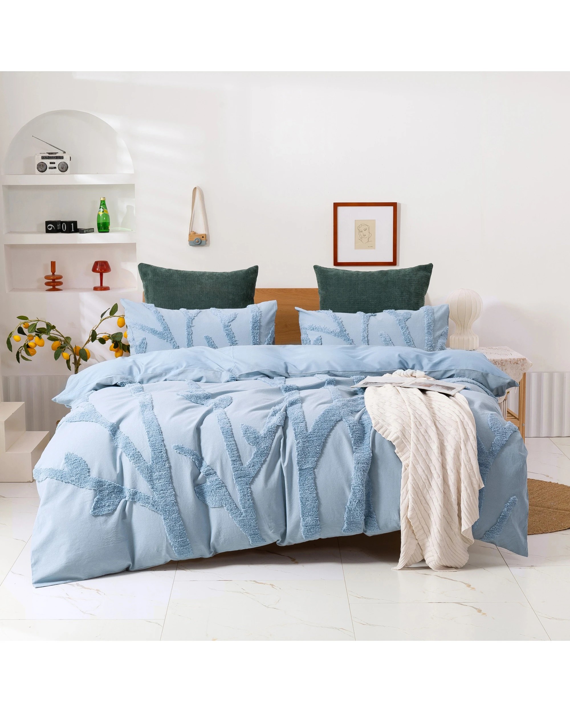 1 Dreamaker Kye Tufted Washed Vintage Cotton Quilt Cover Set - Queen Bed - Blue, 1 of 5