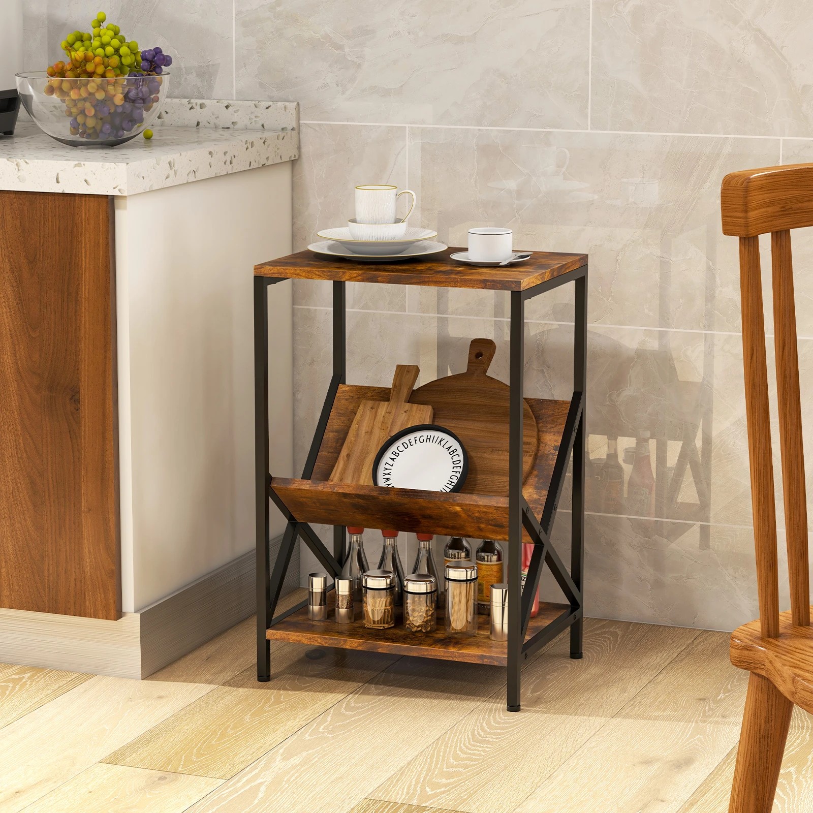 3 Costway 3-Tier Side Table Record Player Stand w/Magazine Holder & Open Shelves, 3 of 4