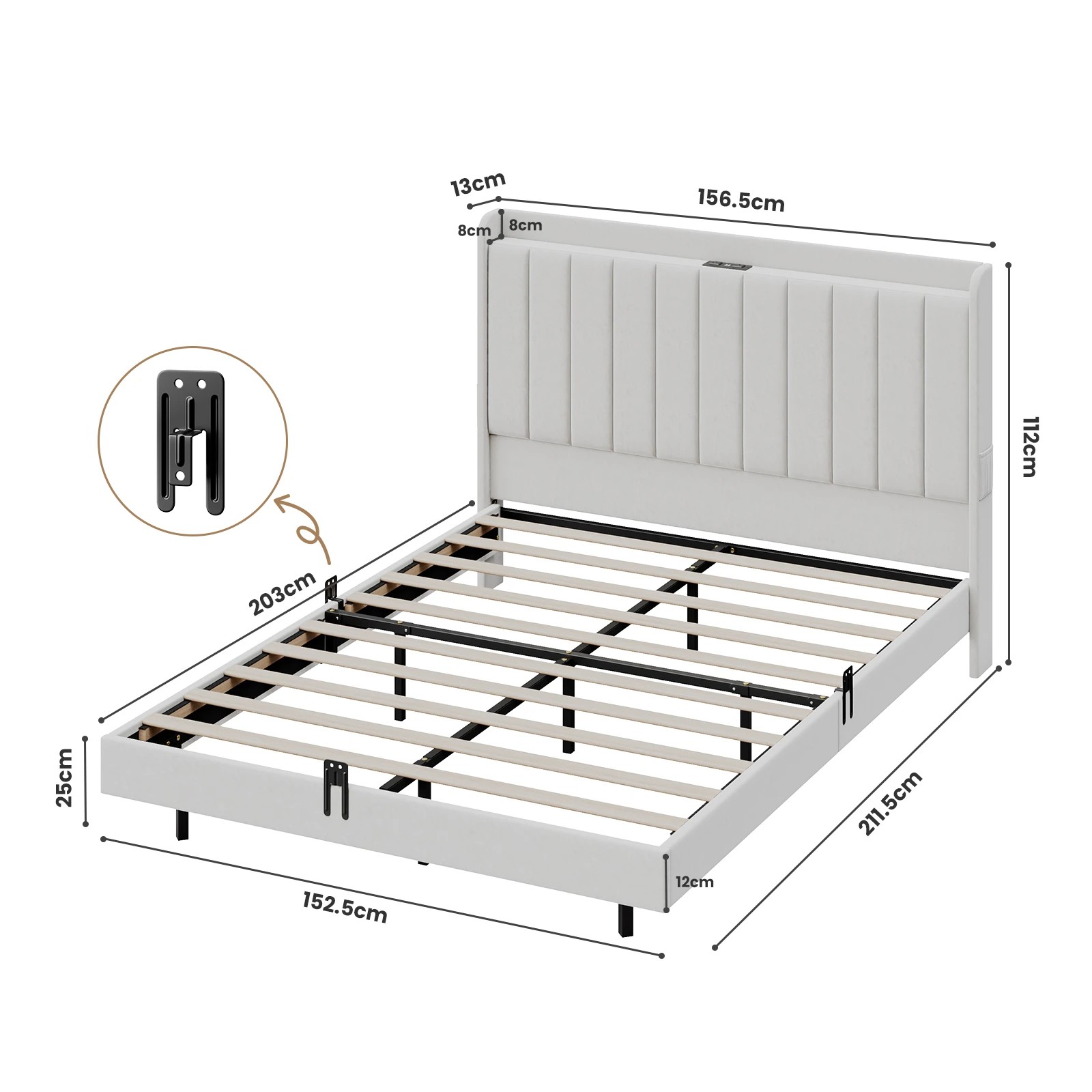 3 Advwin Queen Velvet Floating Bed Frame with RGB LED and Charging Station - Beige, 3 of 7