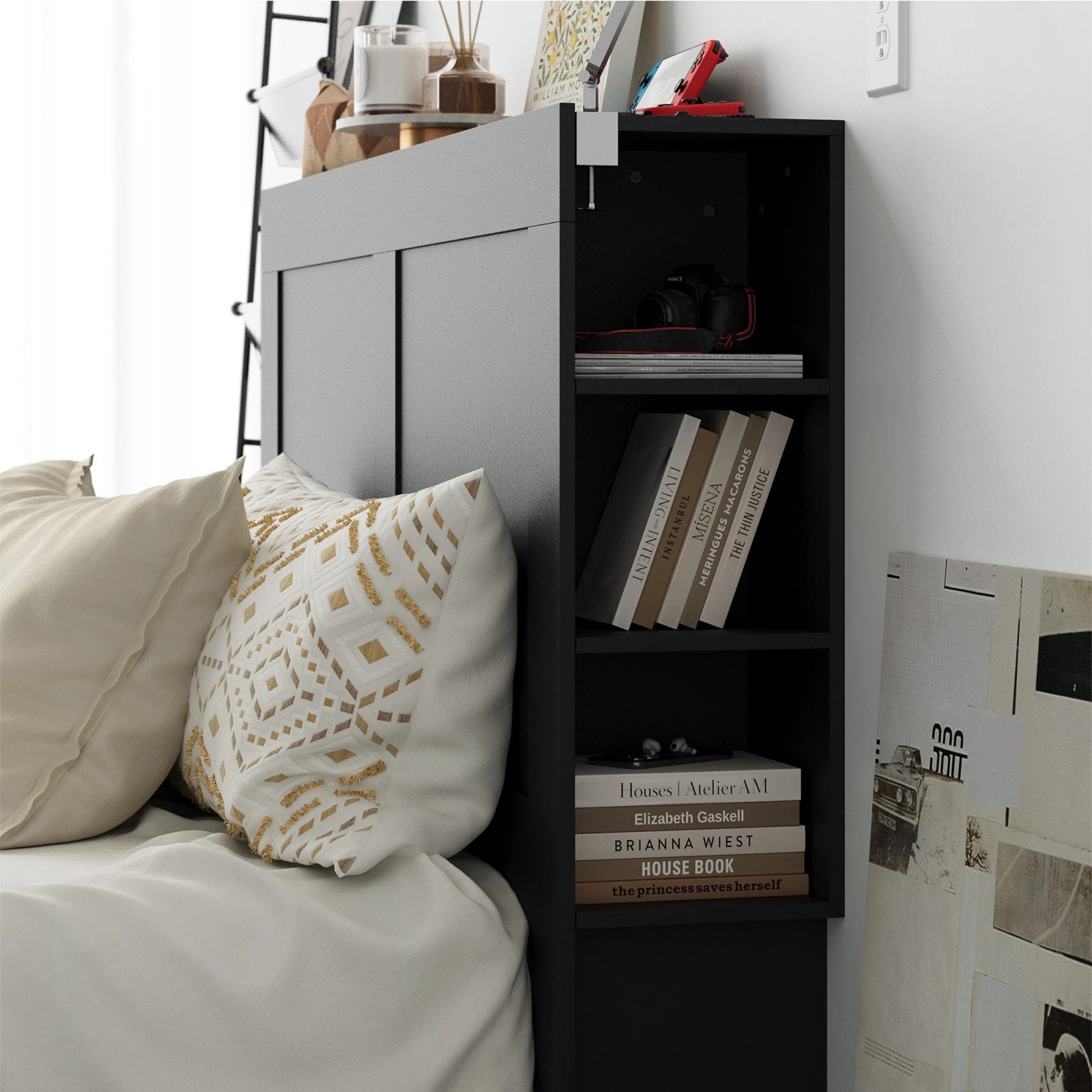 3 Oikiture Headboard Bed Head Double Size Bedhead With Storage Shelves
 - Black, 3 of 10