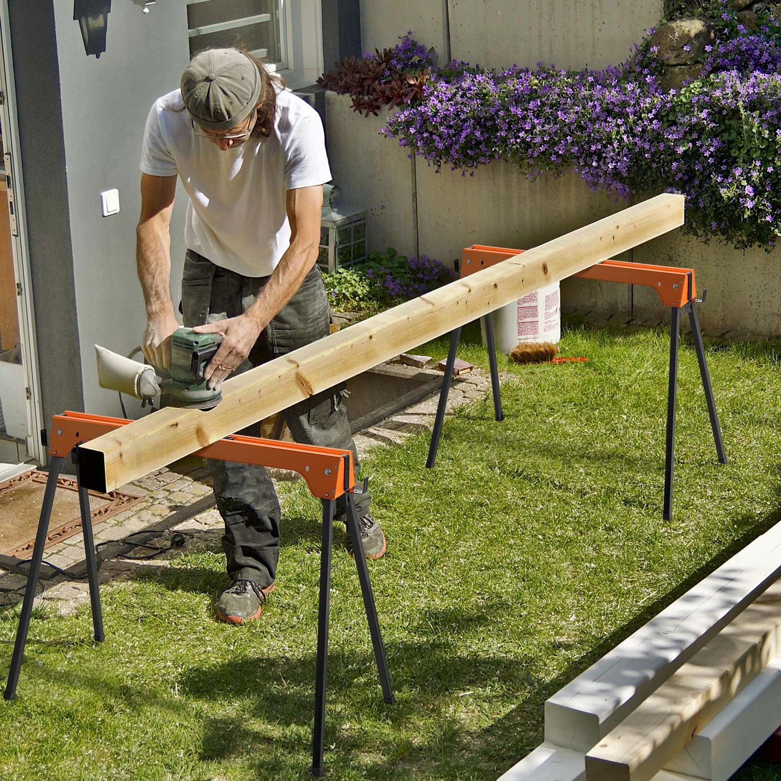 2 Costway Folding Sawhorses Pack of 2 Portable Metal Trestle Stand 600kg Capacity, 2 of 2