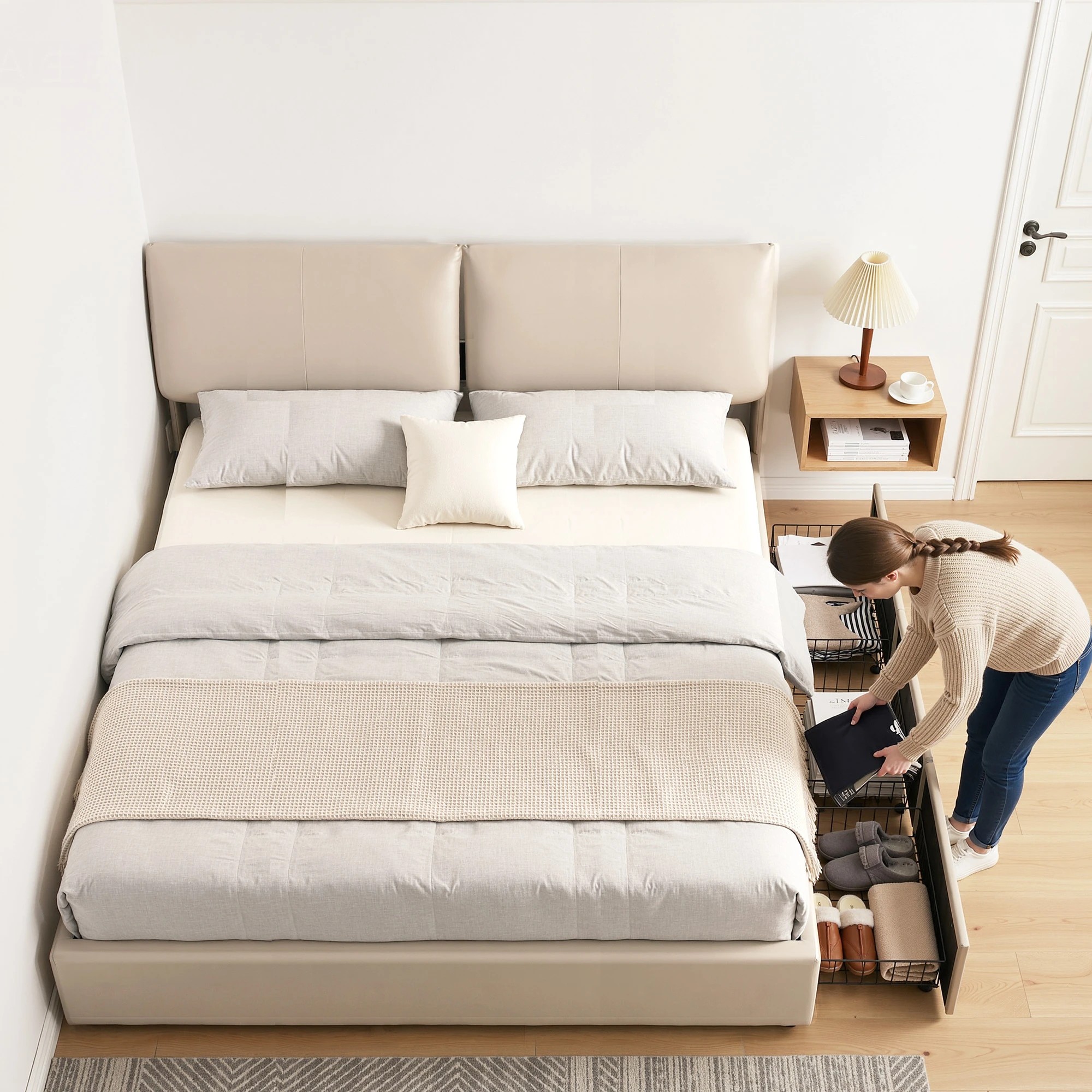 6 Artiss King Bed Frame Gas Lift Storage 3 Drawers Adjustable Headboard Platform Base - Beige, 6 of 9