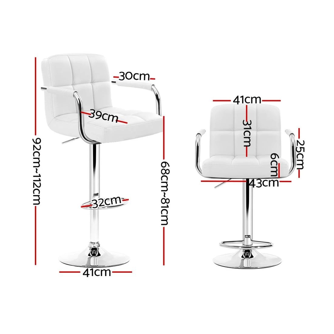 1 Artiss 2x Bar Stools Leather Gas Lift w/Armrest - White, 1 of 8