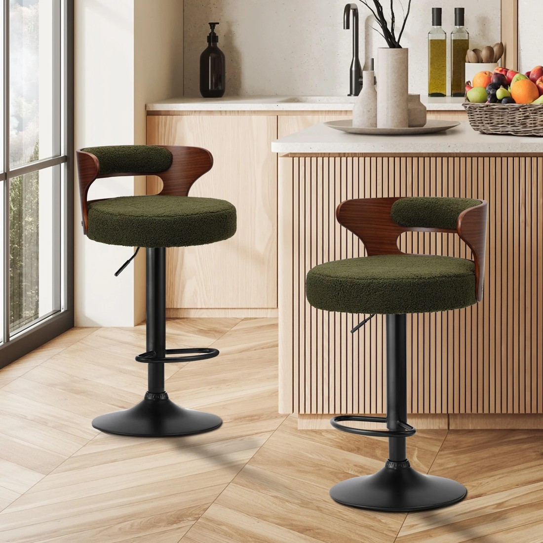 2 Oikiture 2x Bar Stools Kitchen Gas Lift Swivel Chairs Stool Wooden Boucle
 - Green, 2 of 9