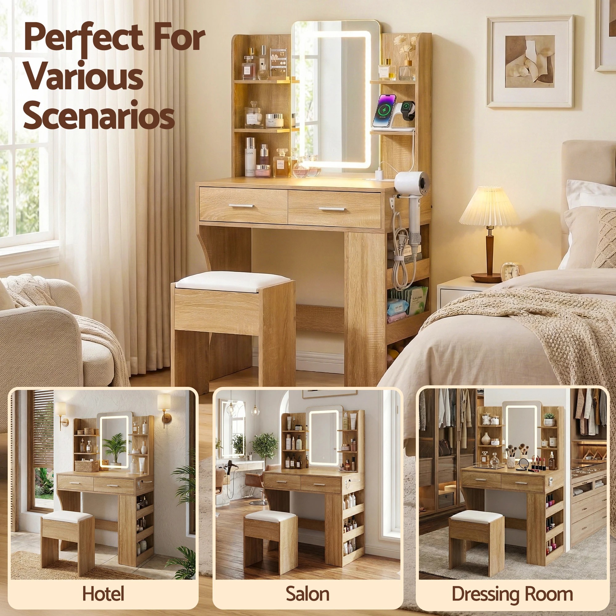 8 Artiss Dressing Table LED Vanity Desk Set Stool - Natural, 8 of 9
