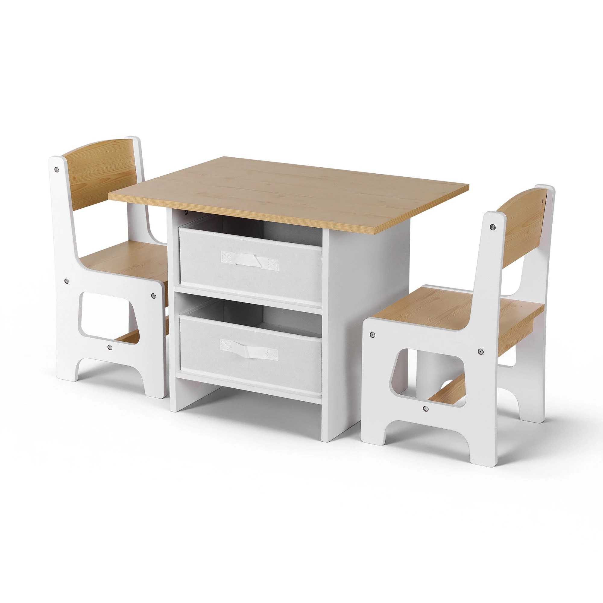 1 Keezi Kids Table and 2 Chairs Set Wooden Activity Table wit 2 Storage Drawers - Natural, 1 of 4