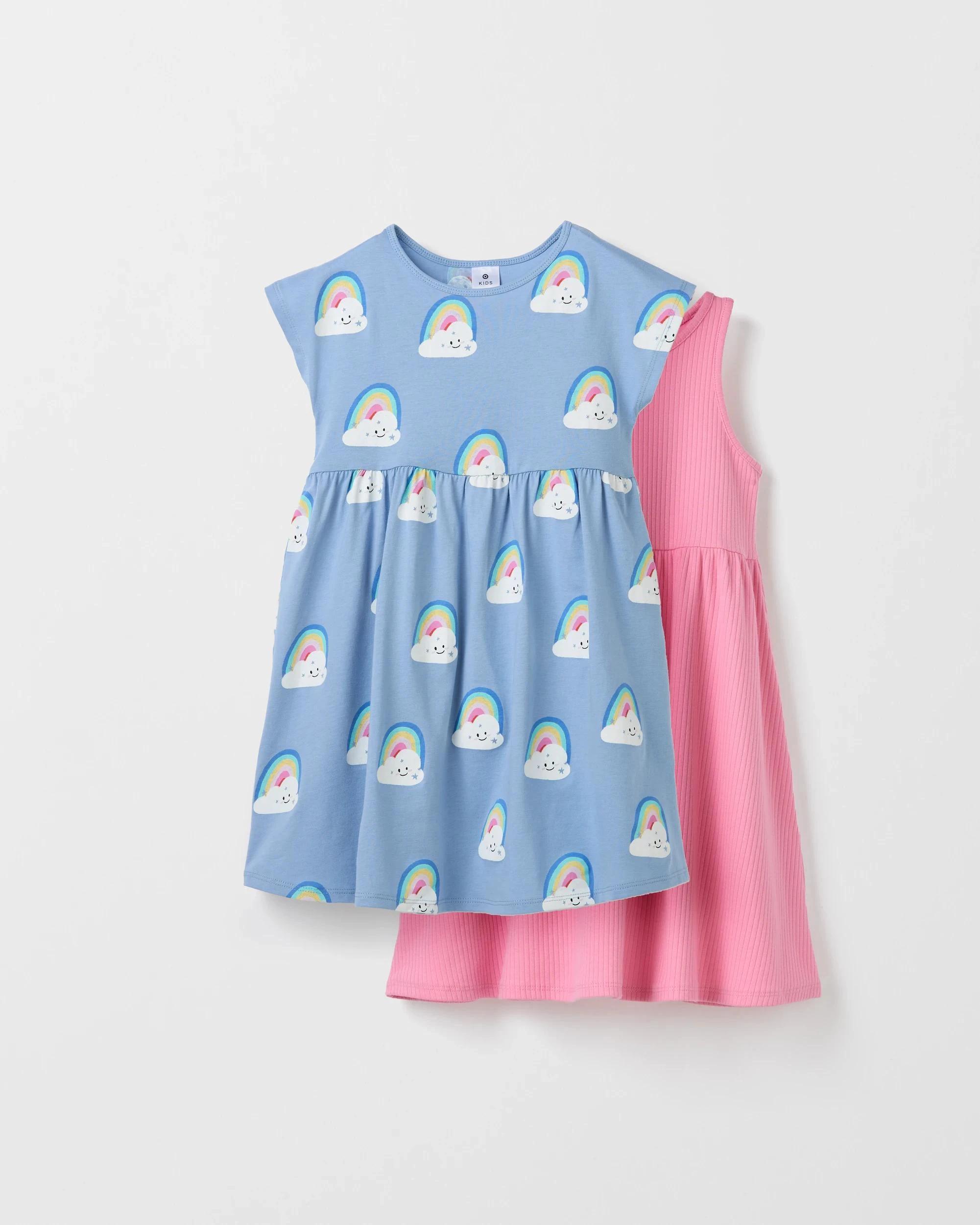 1 Target Kids Australian Cotton Print and Rib 2 Pack Dress PINK/BLUE RAINBOW, 1 of 7
