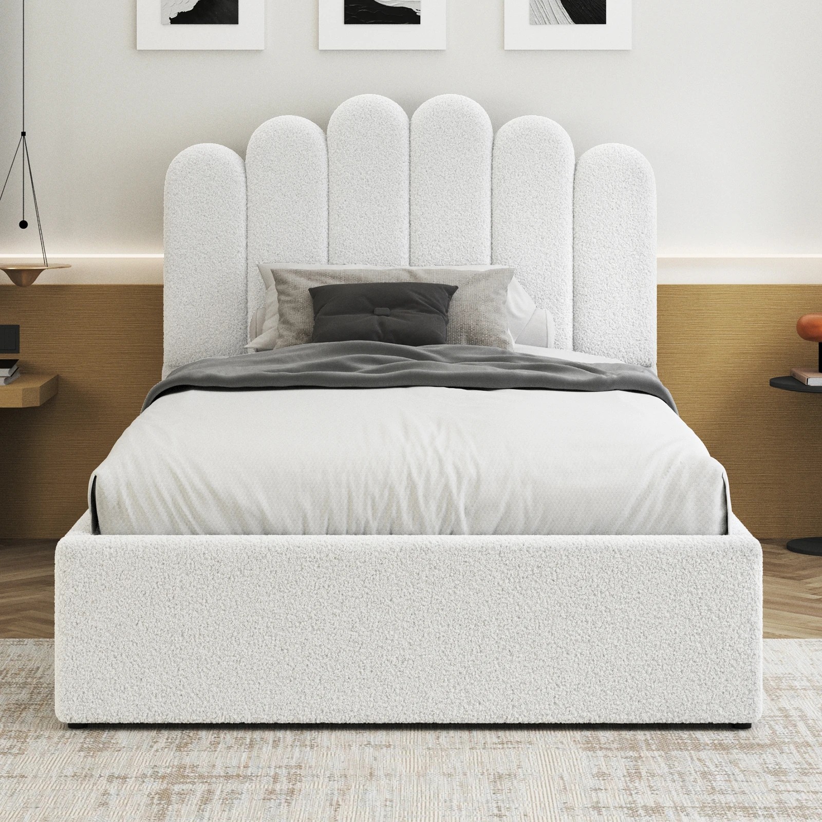 3 Alfordson Bed Frame Single Size Gas Lift Storage Base Wooden Boucle Milton - White, 3 of 10