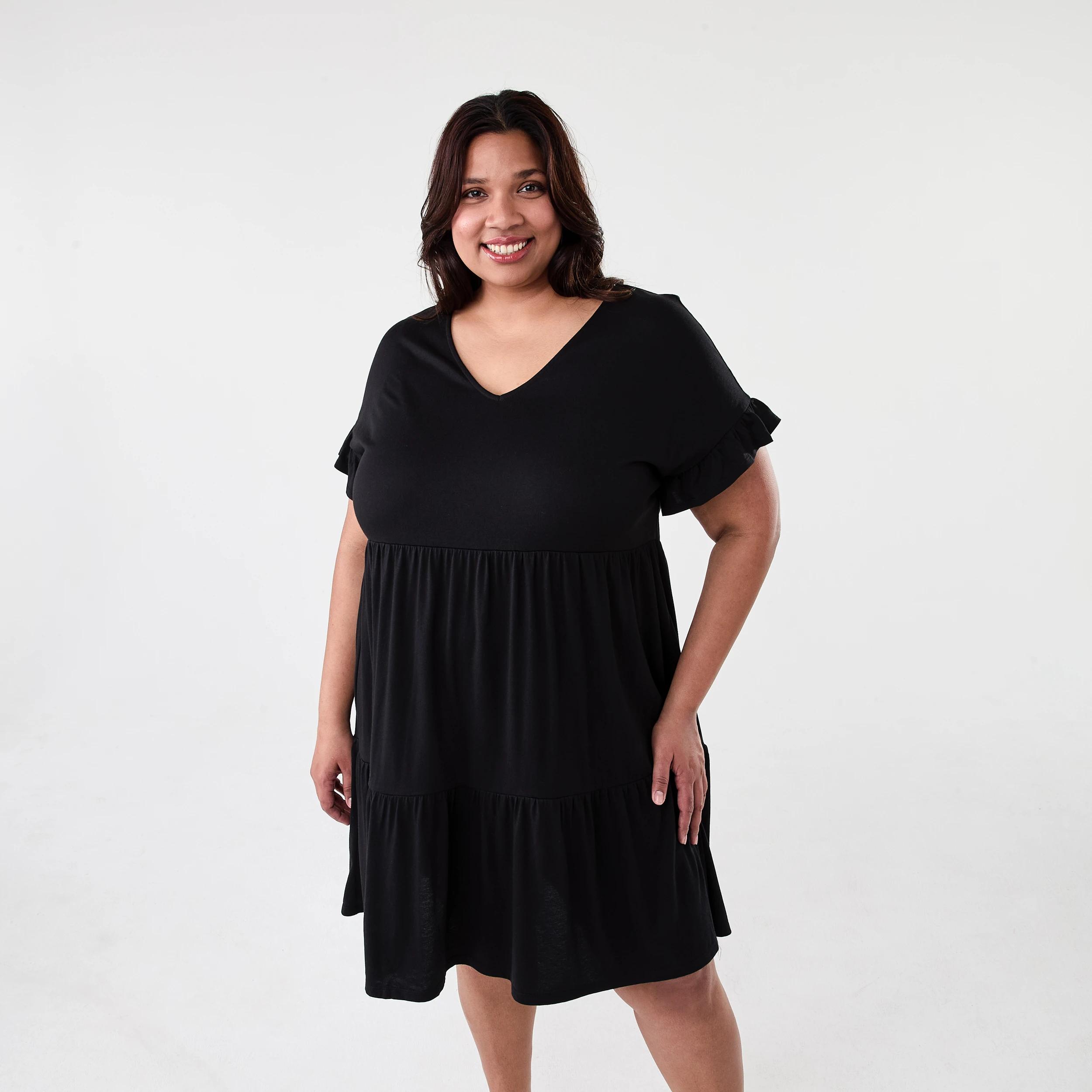 1 Curve Short Sleeve Frill Tier Knit Mini Dress Black, 1 of 9