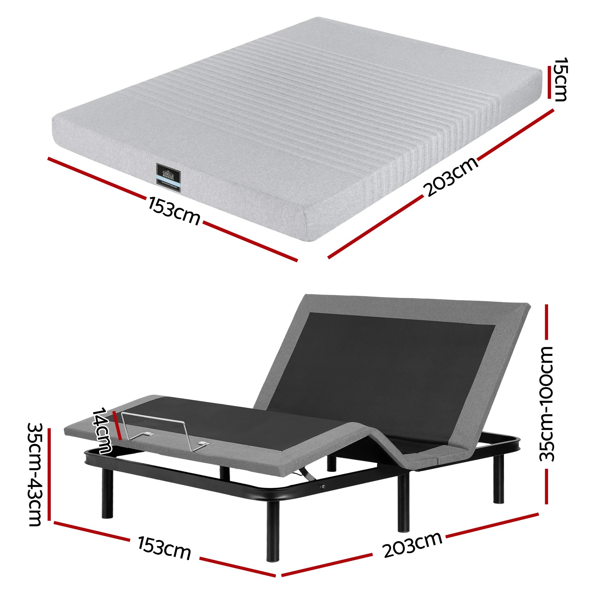 2 Artiss Queen Electric Adjustable Beds and Giselle Memory Foam Mattress Bundle - Multi, 2 of 10