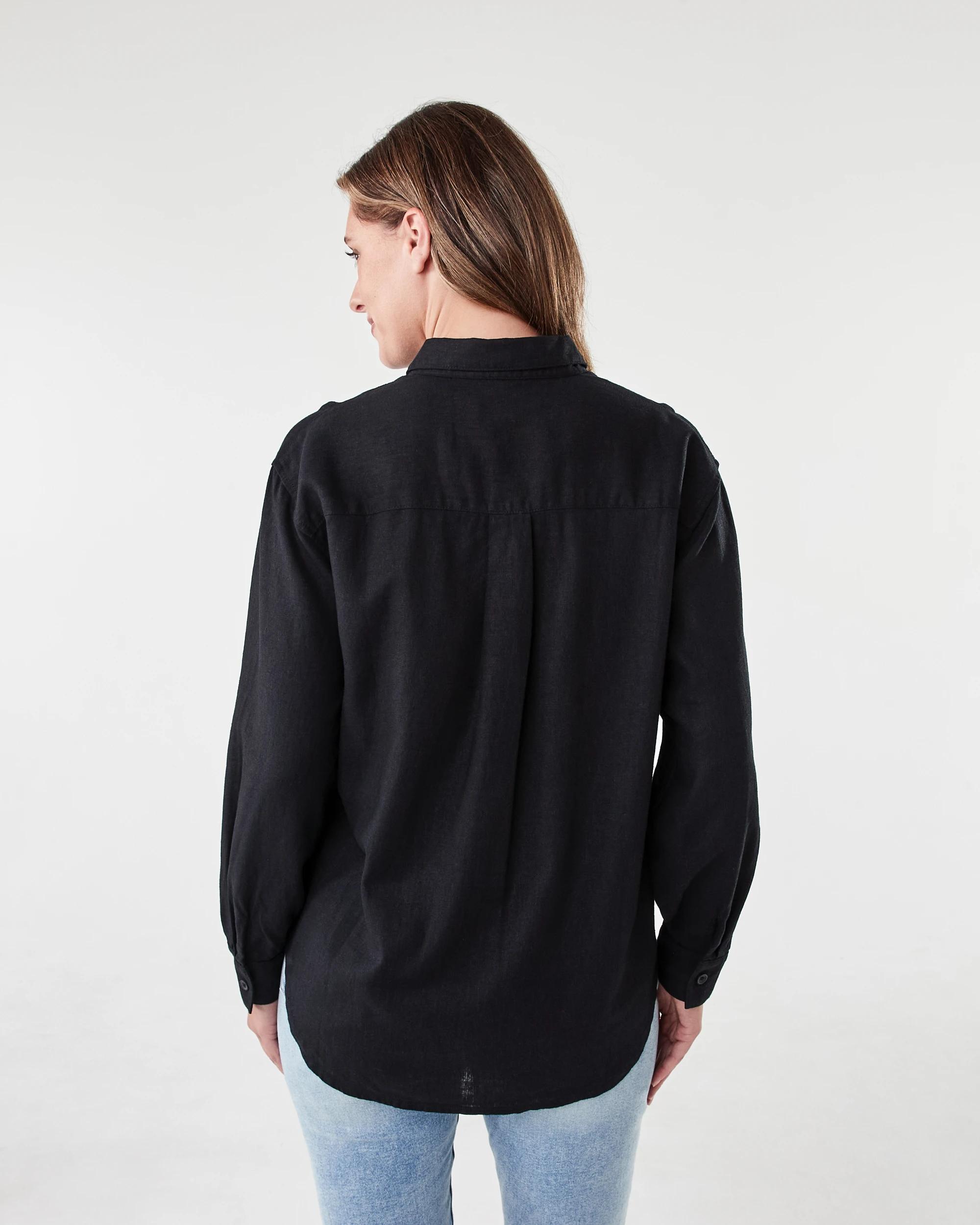 3 Long Sleeve Linen Blend Shirt Black, 3 of 6