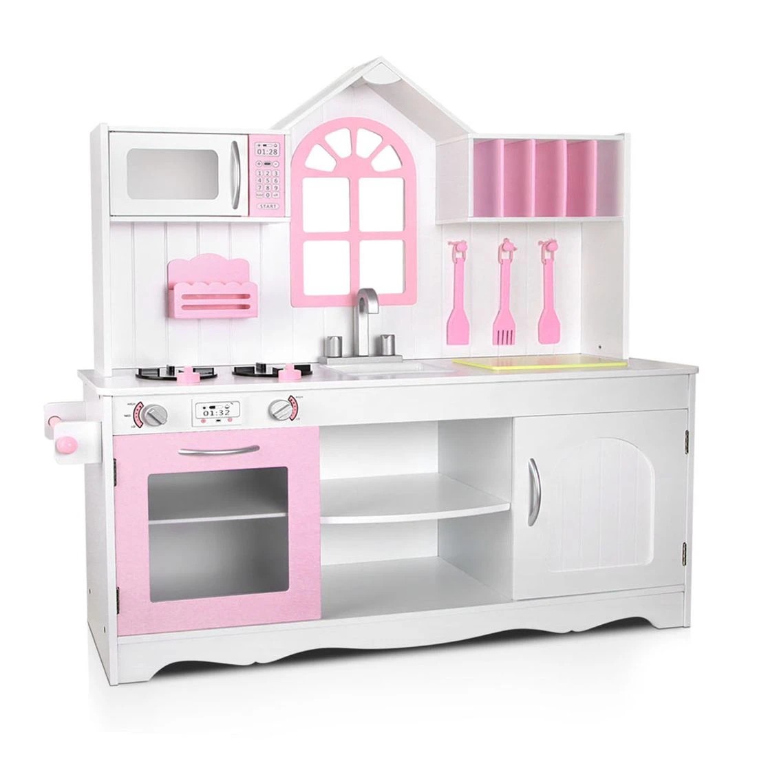1 Keezi Kids Kitchen Play Set Wooden Pretend Toys Cooking Children Storage Cabinet - White, 1 of 6