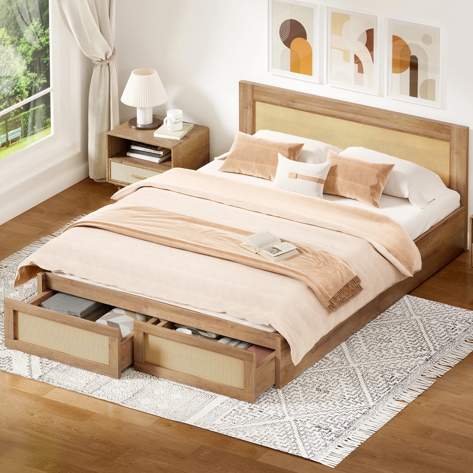 10 Alfordson Wooden Bed Frame Double Size Rattan Bed Base with Storage Drawers - Oak, 10 of 10