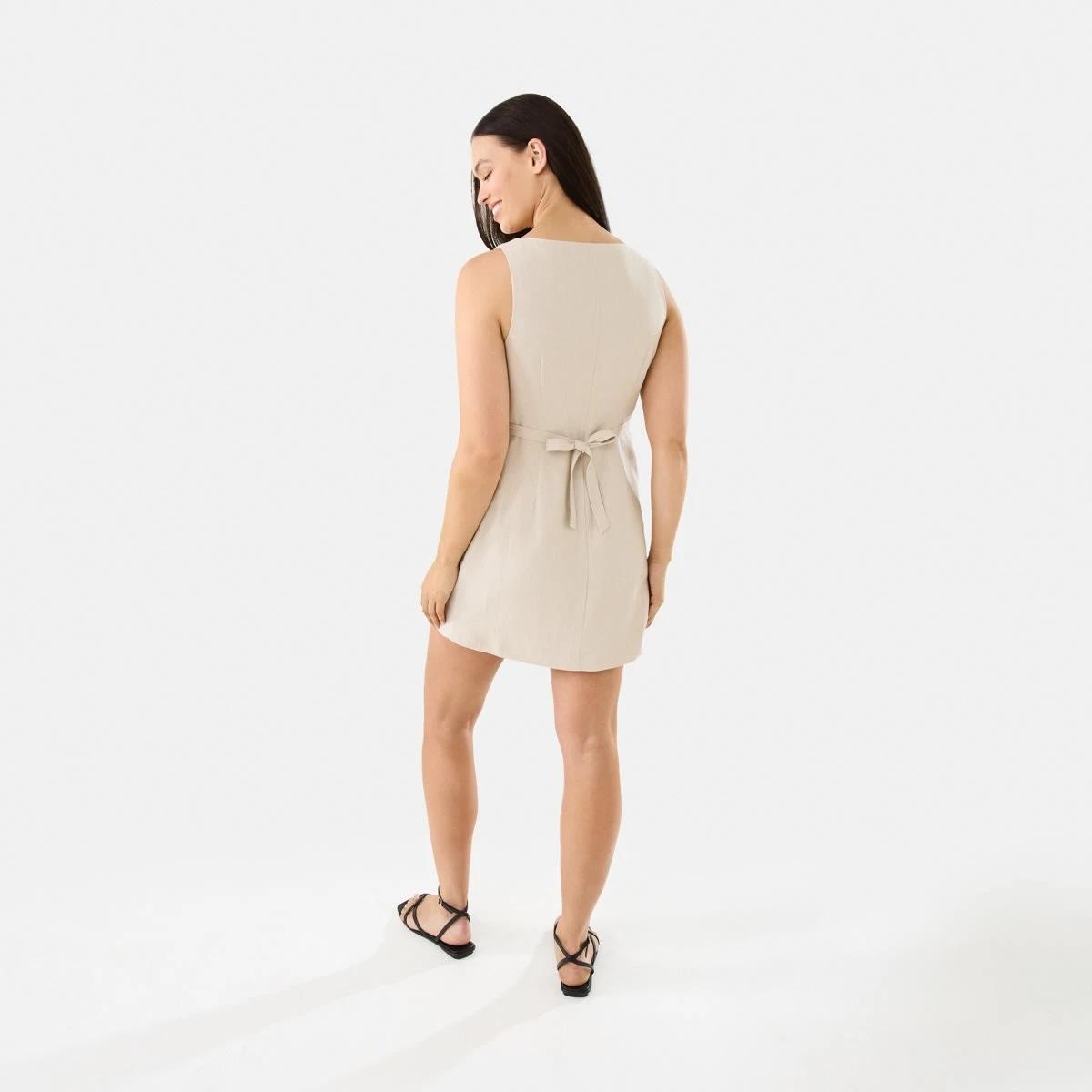 6 Sleeveless Linen Blend Button Mini Dress Grey Beige, 6 of 10