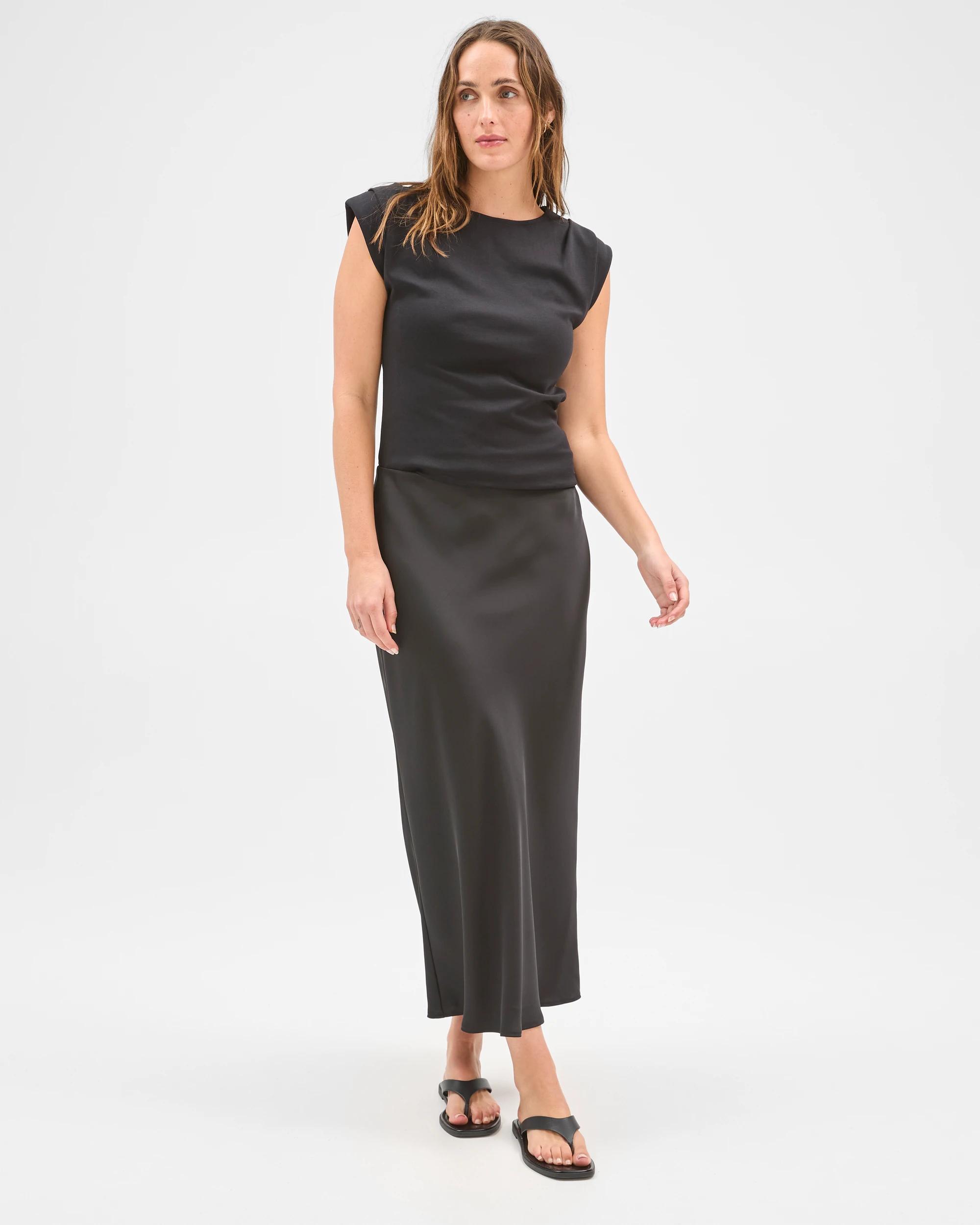 1 Preview Satin Bias Cut Midi Skirt BLACK, 1 of 7