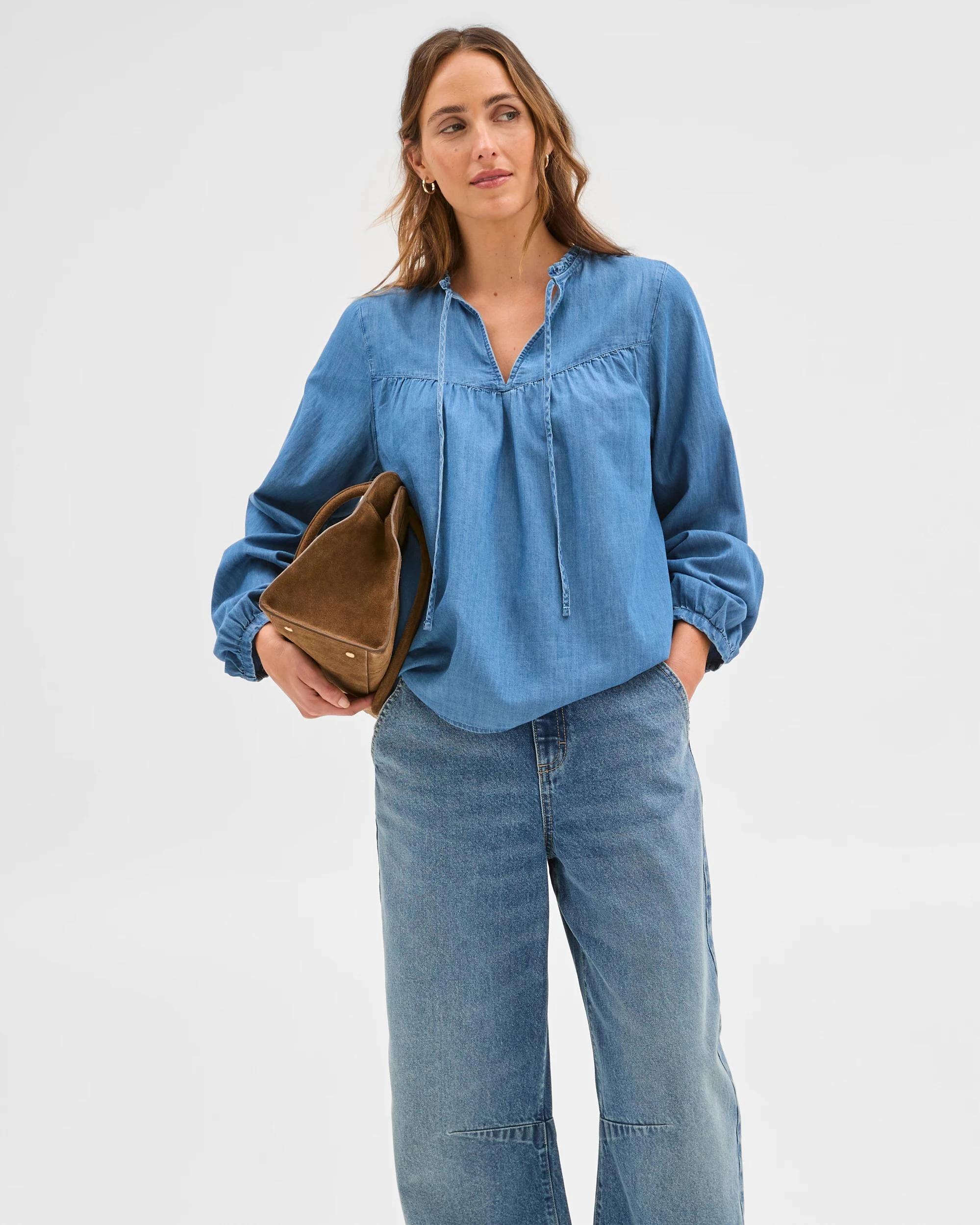 2 Target Woman Long Sleeve Chambray Frill Blouse MID CHAMBRAY, 2 of 7