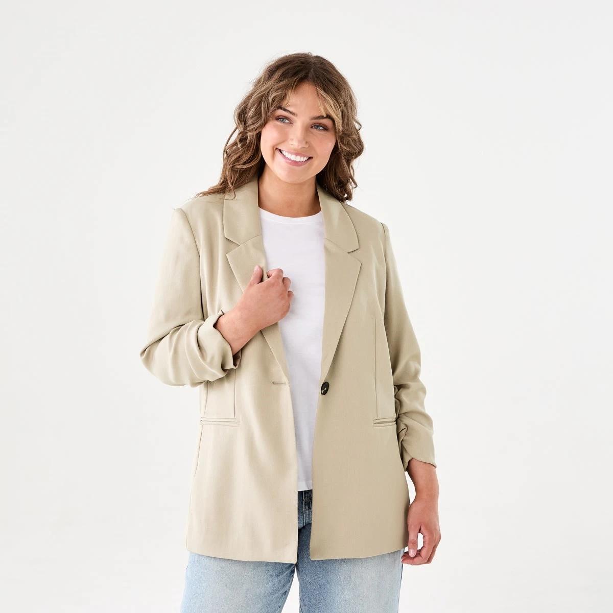 1 Ruched Sleeve Blazer DUNE BEIGE, 1 of 7