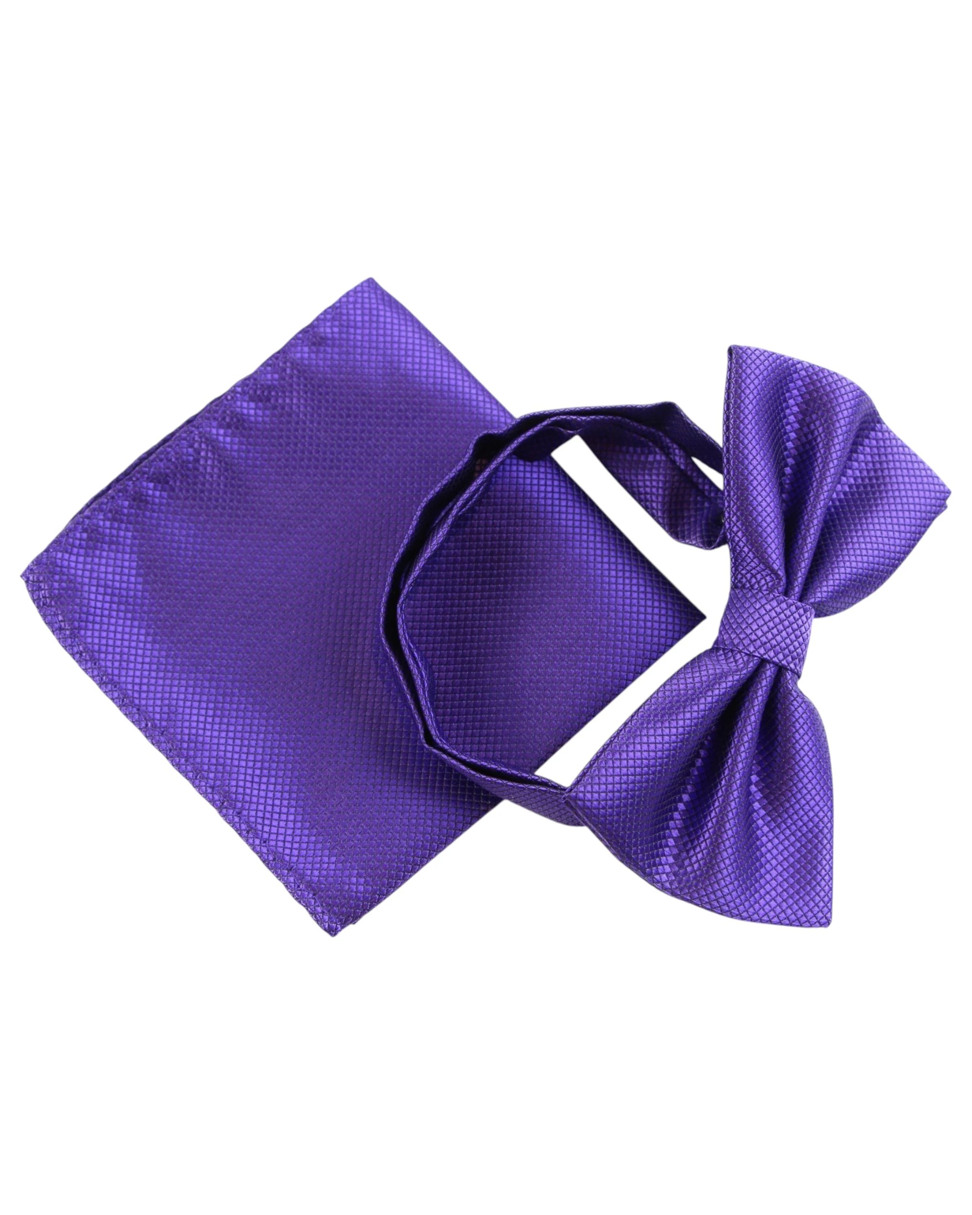 1 Zasel Mens Dark Purple Plain Coloured Checkered Bow Tie & Matching Pocket Square Set - Purple, 1 of 3