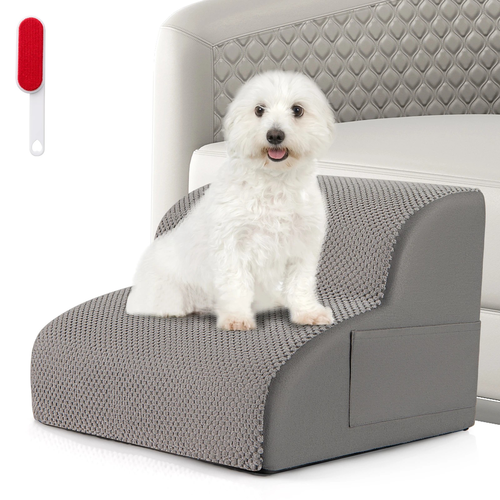 5 Costway 2-Tier Foam Dog Ramp Pet Step Stairs w/Hair Remover - Grey, 5 of 6