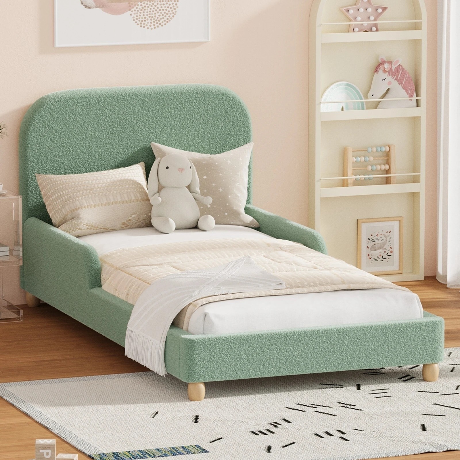 3 Oikiture Kids Bed Frame Single Size Base with Side Guard Rails Boucle - Green, 3 of 7