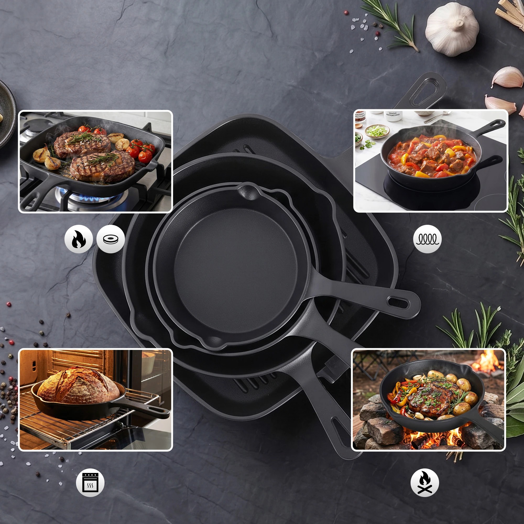 4 5-Star Chef 4 Piece Frying Pan Set Cookware for Gas Induction Ceramic Campfire 14/16/20/24cm - Black, 4 of 8