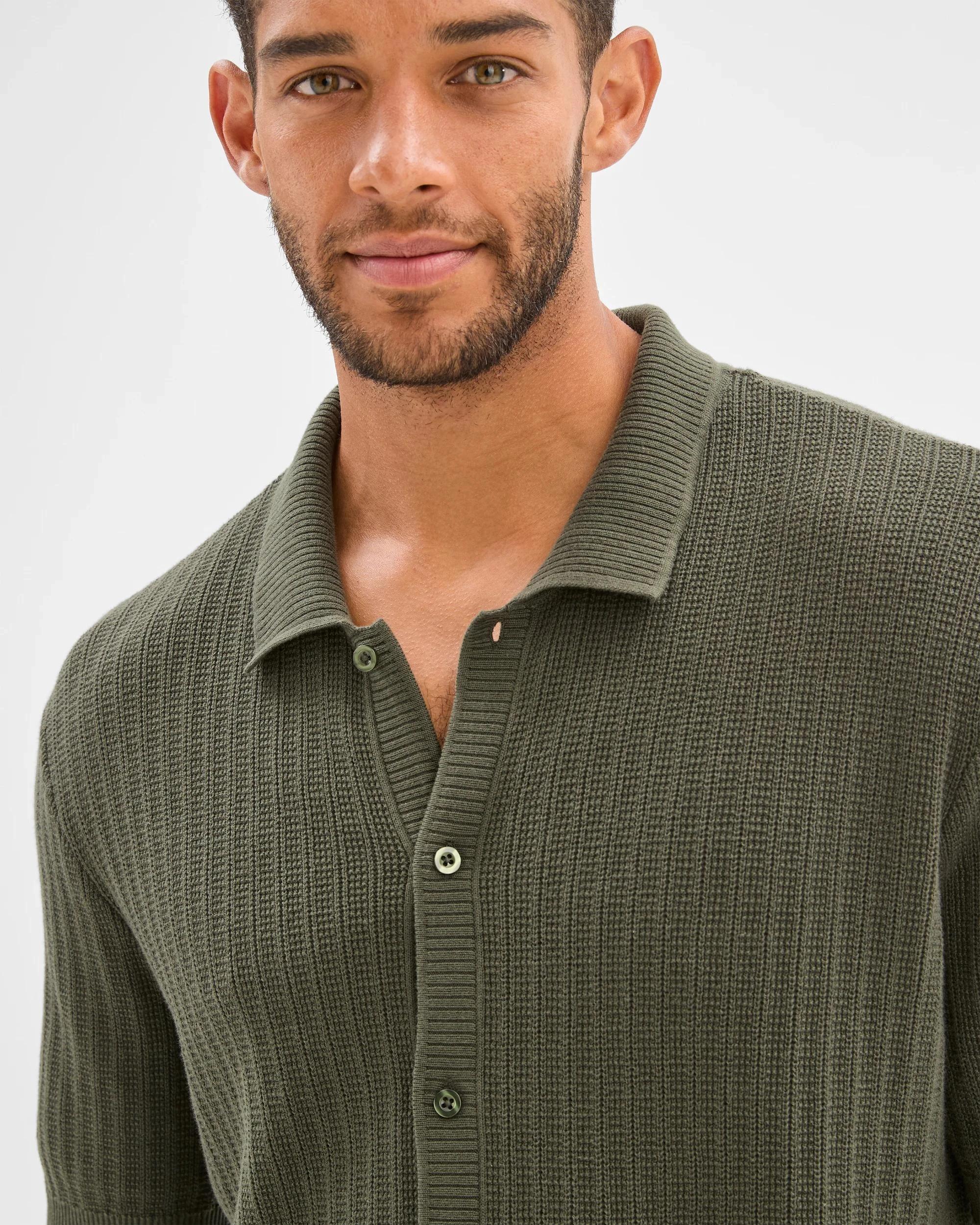 4 Australian Cotton Textured Stripe Knit Shirt - Preview KHAKI, 4 of 6