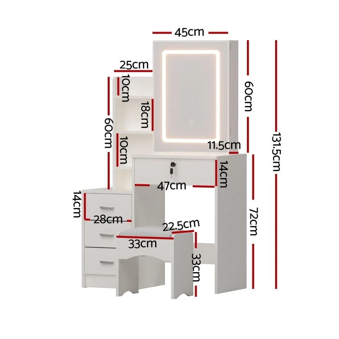 4 Artiss Dressing Table Vanity Desk Set Stool Led - White, 4 of 8